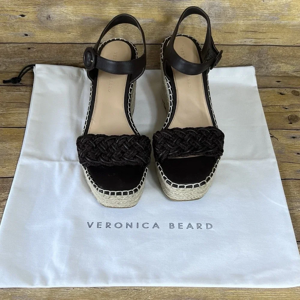 Veronica Beard Black Braided Espadrille Wedge  Leather Ankle‎ Strap Size 10